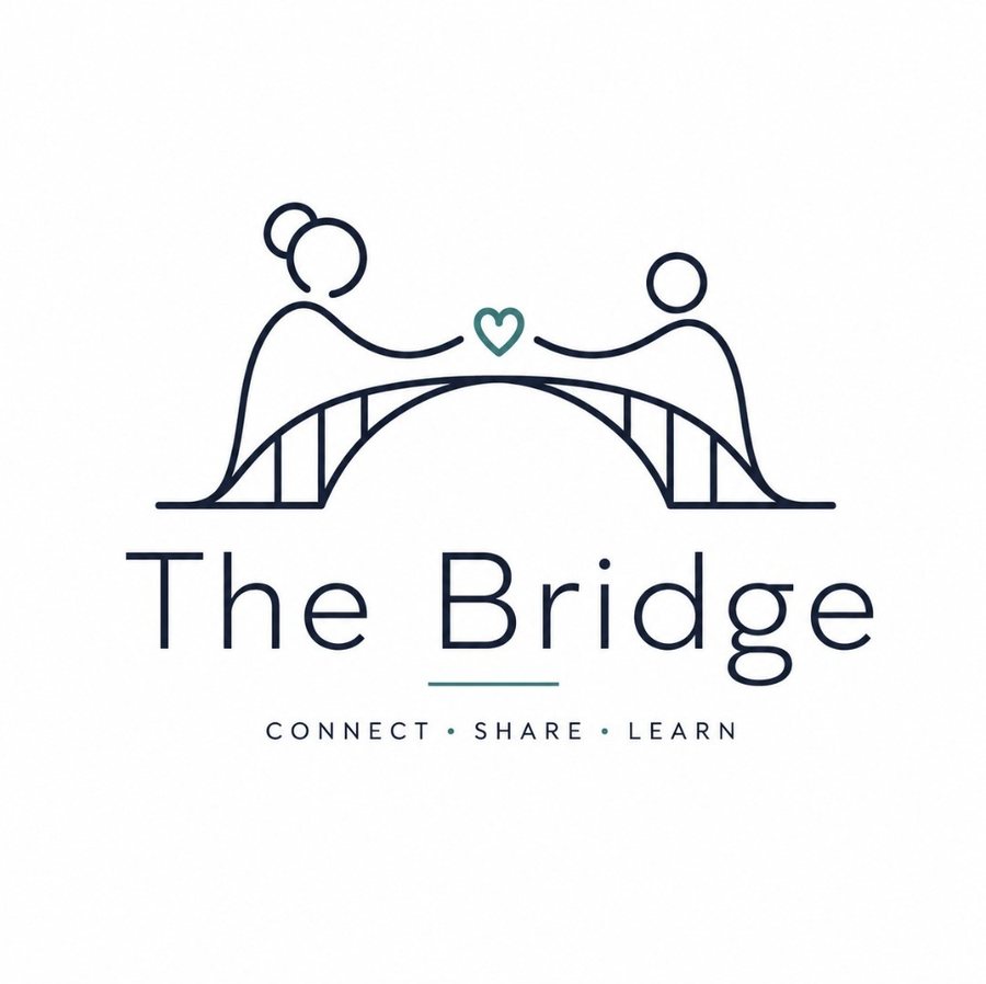 The Bridge logo: two simple line-drawn figures reaching toward a heart above a bridge, with the words Connect, Share, Learn