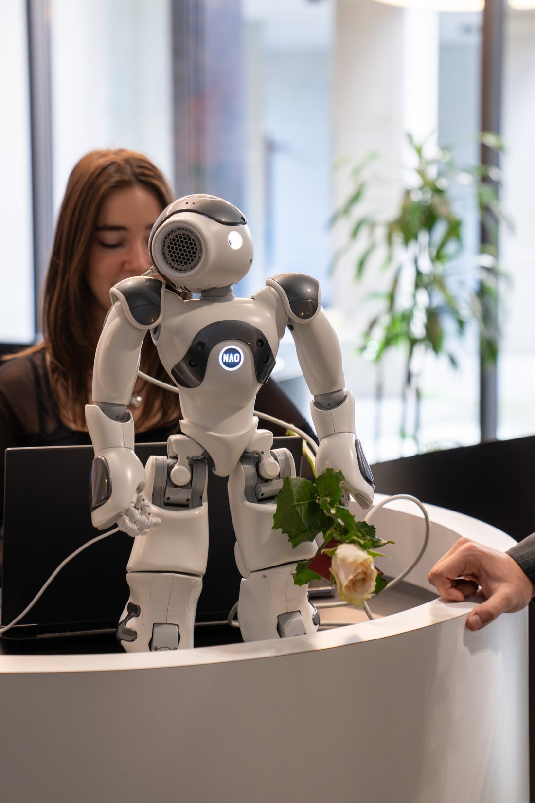 The NAO robot standing on the desk in front of a laptop, with a student seated behind it looking down at the screen